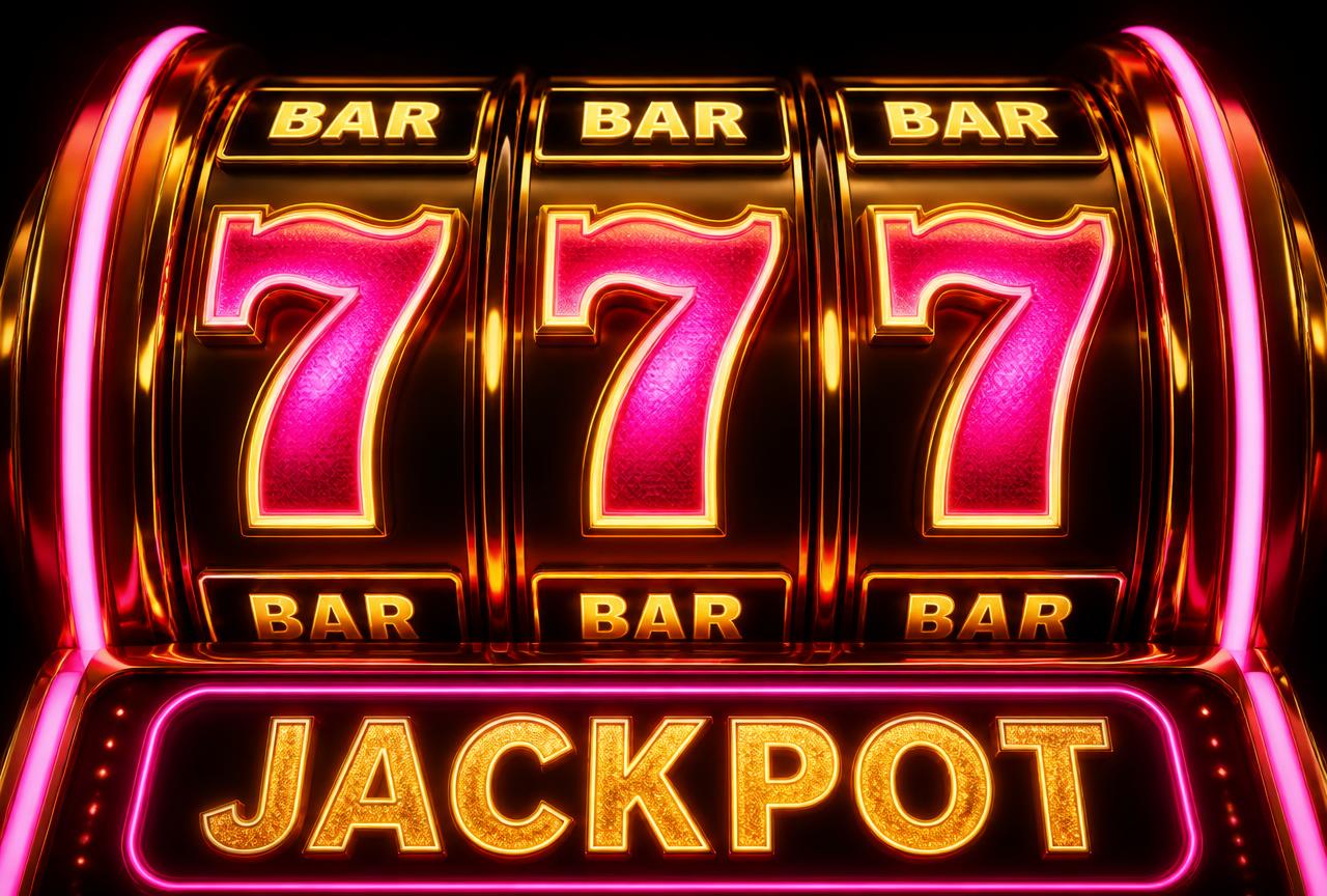 Slot machine reels showing triple sevens jackpot