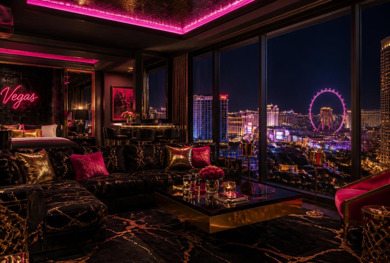 Luxury Las Vegas casino suite with neon skyline views